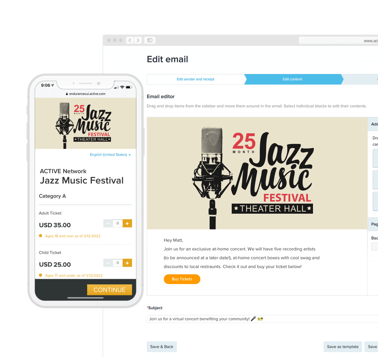 user interface for registering for an event and receiving an email for an event using ACTIVE ticketing