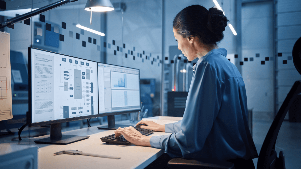 woman sitting at a computer with graphs and charts on the screen